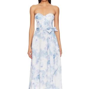 Bardot Strapless Dress in Blue and White